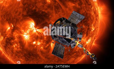 Die NASA Parker Solar Probe wird von der Künstlerin vor der Sonne dargestellt. Die Sonde wird die Sonne sehr detailliert und auch die noch nie gesehene Pola enthüllen Stockfoto