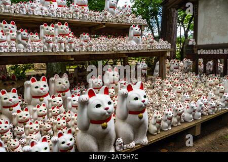 Tausende von maneki-neko-statuen wurden im Garten des Gotokuji-Tempels in Tokio, Japan, ausgestellt Stockfoto