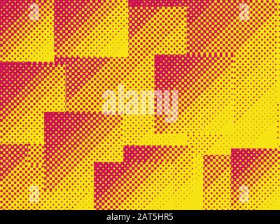Abstrakter Pop-Art-Hintergrund mit Textur von roten Quadraten unterschiedlicher Größe auf gelber Basis. Stock Vektor