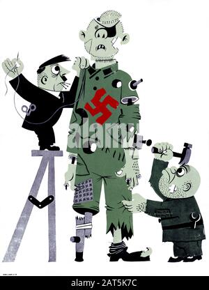 Cartoon von Adolf Hitler und Benito Mussolini, die ein Zerbrochenes Puppet, das die Achse darstellt, zusammenführen, Puppet hat Großes rotes Swastika auf der Brust, war Poster, US-Kriegsamt, 1945 Stockfoto