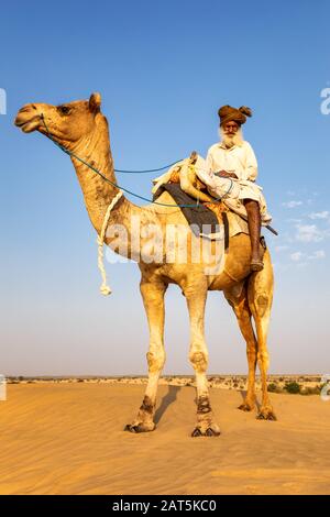 Ein alter Mann mit seinem Kamele, Wüste Thar, Rajasthan, Indien Stockfoto