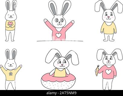 Satz süßer Kaninchen handgezeichneter Stil, Niedlicher Cartoon lustiger Tierfigur. Stock Vektor