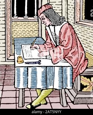 Diego de San Pedro (1437-1498). Kastilischer Schriftsteller. Gefängnis der Liebe, 1492. Leriano schreibt einen Brief. Gravur. Stockfoto