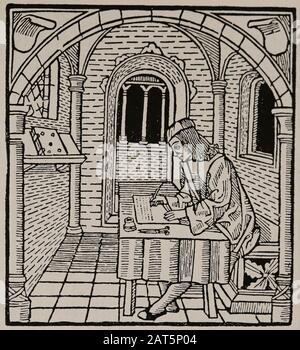 Diego de San Pedro (1437-1498). Kastilischer Schriftsteller. Gefängnis der Liebe, 1492. Leriano schreibt einen Brief. Gravur. Stockfoto