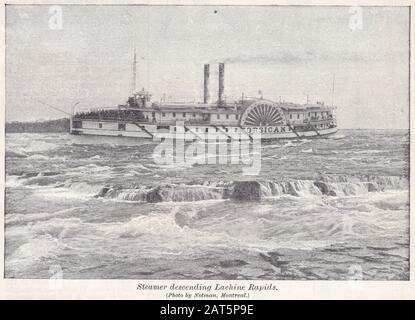 Vintage Schwarz-Weiß-Foto eines Dampfgarers, der Lachine Rapids in den 1930er Jahren absteigt Stockfoto