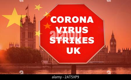 Epidemische Botschaft des Coronavirus mit chinesischen Flaggenverbundhäusern und britischen Parlamentshäusern. Stockfoto