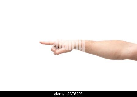 Beschnittenes Bild des Mannes, der mit einem auf Weiß isolierten Finger zeigt Stockfoto