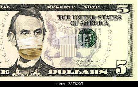 Coronavirus Wuhan Sars Krankheit. Quarantänekonzept in den Vereinigten Staaten. 5-Dollar-Banknote, bei der Lincoln eine Gesichtsmaske trägt. Digitale Montage. Stockfoto