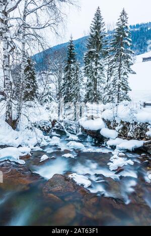Winterlandschaft eines kleinen Gebirgsflusses mit bunten Steinen, tiefgefrorener Wasserfall in den Alpen. Bäume im Wald und Steine im Bach sind schneebedeckt Stockfoto