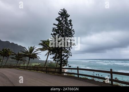 Kaaawa, Oahu, Hawaii, USA. - 11. Januar 2020: Straße nahe dem Rand an Klippen entlang des Pazifischen Ozeans Azure und weiße Brandung mit grauem Wasser in Richtung horiz Stockfoto