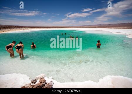 Touristen, die das salzige Wasser der Lagunas Escondidas de Baltinachi, Atacama-Wüste, Antofagasta, Chile, genießen Stockfoto