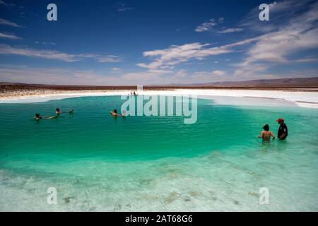 Touristen, die das salzige Wasser der Lagunas Escondidas de Baltinachi, Atacama-Wüste, Antofagasta, Chile, genießen Stockfoto