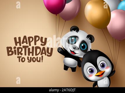 Vektorbanner für Tierkinder zum Happy Birthday. Happy Birthday Animal Kids Party mit fliegenden Panda- und Pinguin-Tierfiguren, die bunte Ballons halten. Stock Vektor