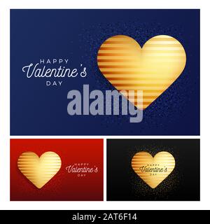 Glitter Heart Banner Set. Valentinstag Flyer blau, rot und schwarz Hintergrund mit goldenem Herz auf Glitter. Horizontal Happy Valentine Day Gruß banne Stock Vektor