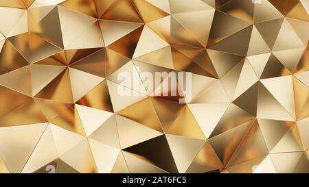 Abstraktes 3D-Rendering der Goldoberfläche. Futuristischer Hintergrund mit Linien und tief poly Dreiecksform. Hohe Auflösung: 8 k Stockfoto