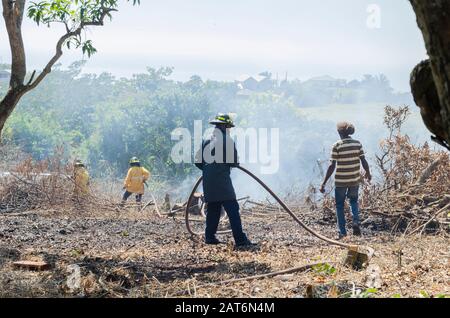 Feuerwehrleute Auf Smokey Brannten Landschaft Aus Stockfoto