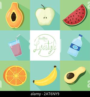 Schriftzug "Healthy Lifestyle" mit Set-Symbolen Stock Vektor