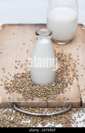 Vegane pflanzenbasierte Milchalternativen. Hanfsaatmilch mit Hanfsamen auf einem Holzbrett Stockfoto