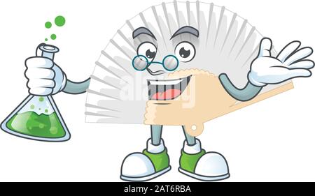 Smart Professor weiß chinesisch Falten Fan Cartoon-Charakter mit Glasröhre Stock Vektor