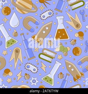Zurück zum Schulmuster. Naturwissenschaftliches flaches, nahtloses Muster mit wissenschaftlichen Elementen - Molekül, Atomstruktur, Rakete, Bücher, Wasser und andere auf einem Stock Vektor