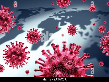 Ausbruch von Coronavirus im Weltgesundheitsbereich und internationale Infektionskrankheit in der Öffentlichkeit und globales tödliches Gesundheitsrisiko für Viren und Grippeausbreitung oder Coronaviren. Stockfoto