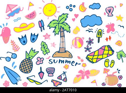 Große Strandaufkleber isoliert auf strukturiertem Hintergrund. Heißer Sommer Niedliche girlige Elemente.Vektor-Illustration im Cartoon-Stil. Clipart-Symbole für das Design Stock Vektor