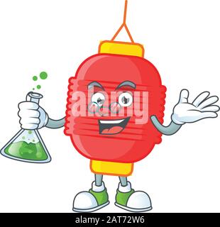 Smart Professor chinese Laternen-Zeichentrickfigur mit Glasröhre Stock Vektor