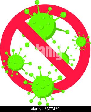 Stoppen Sie Viren und schlechte Bakterien oder Keimen prohobition unterzeichnen. Big Viren oder Edelsteine in die rote STOP-Verteidigung Kreis Flat Style Design Vector Illustration iso Stock Vektor