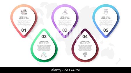 Infografik Vektor mit 5 Stiften und Kreisen. Wird für fünf Diagramme, Diagramme, Flussdiagramm, Zeitachse, Marketing, Präsentation verwendet. Kreatives Geschäftskonzept Stock Vektor