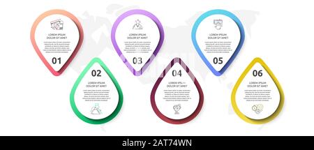 Infografik Vektor mit 6 Stiften und Kreisen. Wird für sechs Diagramme, Diagramme, Flussdiagramm, Zeitachse, Marketing, Präsentation verwendet. Kreatives Geschäftskonzept Stock Vektor