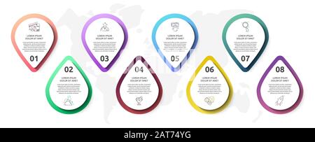 Infografik Vektor mit 8 Stiften und Kreisen. Wird für acht Diagramme, Diagramme, Flussdiagramm, Zeitachse, Marketing, Präsentation verwendet. Kreatives Geschäftskonzept Stock Vektor