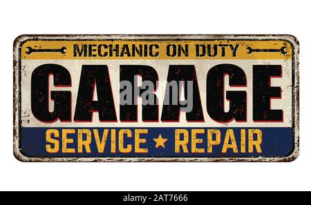 Garage Oldtimer rostiges Metall Zeichen auf weißem Hintergrund, Vector Illustration Stock Vektor