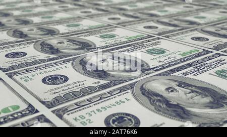 Unbeschnittenes Blatt mit gedruckten 100-Dollar-Noten Stockfoto