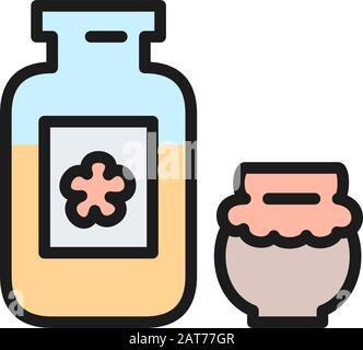 Krug mit Blumenhonig, Symbol mit flacher Farblinie. Stock Vektor