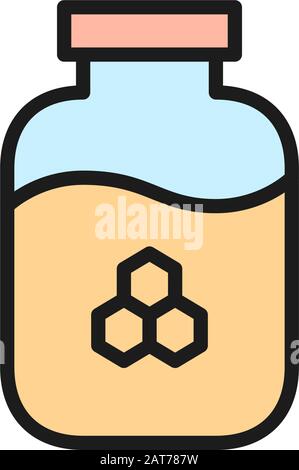 Glaskanne mit Honig, Symbol für flache Farblinien der Imkerei. Stock Vektor