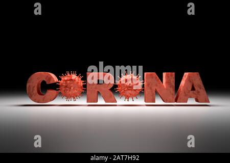 3D-Rendering: Corona-Virus - Schematisches Bild von Viren der Corona-Familie, die in den Text "CORONA" eingebettet sind. Stockfoto