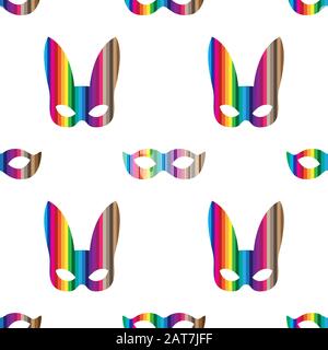 Nahtloses Muster von Karnevalsmasken in vertikalen bunten Streifen auf weißem Hintergrund. Vektorbild Stock Vektor