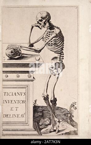 Holzschnittdruck für das Skelettdesign der männlichen Ganzkörperansicht bei der Eröffnung des Buches "Notomie di Titiano", Das 1670 in Italien Gedruckt wurde Stockfoto