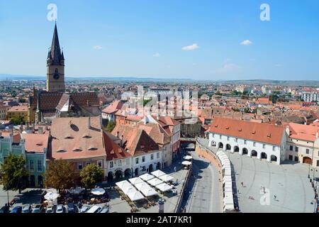 Blick auf die Stadt, evangelische Pfarrkirche, Kleiner Ring, Oberstadt, Sibiu, Siebenbürgen, Rumänien Stockfoto