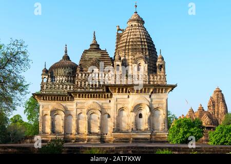 Parvati-Tempel, bekannt als Tempel der Einheit der Religion, der drei Religionen gewidmet ist: Islam, Buddhismus, Hinduismus, Khajuraho-Gruppe der Denkmäler, Madhya Stockfoto