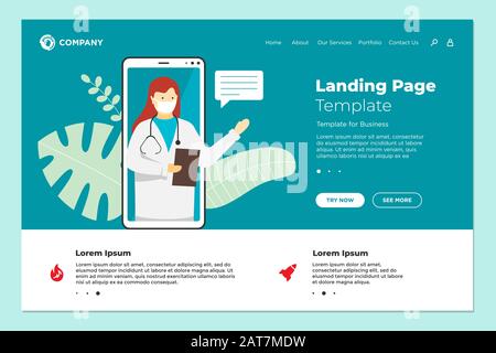 Gesundheitswesen Online-Beratung konzeptionelle Website Landing Page Design Vorlage. Medizinische Internet-Hilfe. Weibliche Arzt Consultant gibt Patientenmedizin diagnostische Informationen Vektor Illustration Stock Vektor