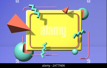 Abstrakter Rahmen im 90-er-Stil mit fliegenden 3D-Objekten und -Formen Stock Vektor