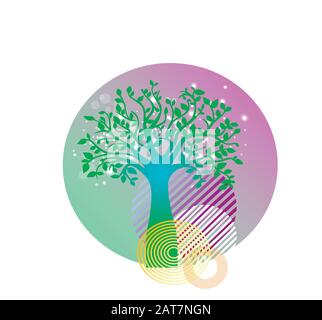 Neon-Vektor-Druckdesign - Baum des Lebens und Geometriemuster isoliert. Stilvolles, flaches Layout für Poster Stock Vektor