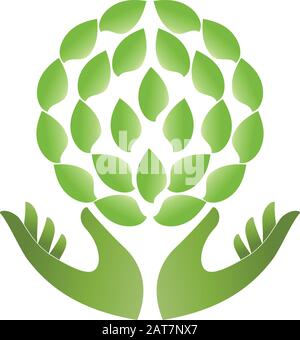 Hände, Blätter, Wellness, Naturpfad, Veganer, Logo Stock Vektor