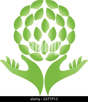 Hände, Blätter, Wellness, Naturpfad, Veganer, Logo Stock Vektor