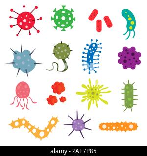 Symbole für Bakterien und Keime festgelegt. Vektorgrafiken isoliert auf weißem Hintergrund. Stock Vektor