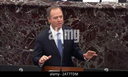 In einem Foto aus dem Live-Feed des US-Senats ist Lead House Manager Adam Schiff am 30. Januar 2020, Tag 10 des Amtsenthebungsverlages von Präsident Donald Trump, abgebildet. Präsident Trump steht vor zwei Artikeln der Amtsenthebung: Machtmissbrauch und Behinderung des Kongresses. UPI Stockfoto