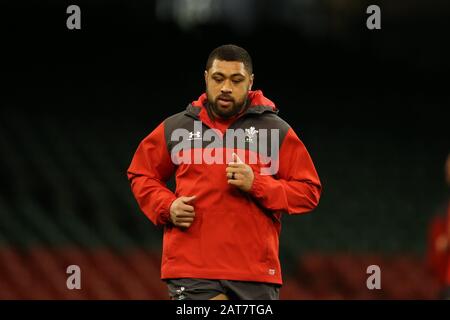 Cardiff, Großbritannien. Januar 2020. Taulupe Faletau von Wales in Aktion. Die Rugby-Kapitäne von Wales, die am Freitag, den 31. Januar 2020 im Fürstenstadion in Cardiff, Südwales ausgetragen werden, bereiten sich die Mannschaft auf das Eröffnungsspiel der Guinness-Meisterschaft Der Sechs Nationen gegen Italien morgen vor. PIC von Andrew Orchard/Alamy Live News Stockfoto