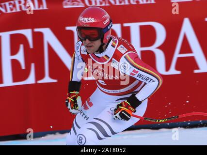 Garmisch Partenkirchen, Deutschland. Januar 2020. Ski Alpin: Weltcup, Abfahrt trainieren, Männer. Josef Ferstl aus Deutschland reagiert im Ziel. Credit: Stephan Jansen / dpa / Alamy Live News Stockfoto