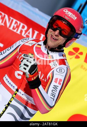 Garmisch Partenkirchen, Deutschland. Januar 2020. Ski Alpin: Weltcup, Abfahrt trainieren, Männer. Josef Ferstl aus Deutschland reagiert im Ziel. Credit: Stephan Jansen / dpa / Alamy Live News Stockfoto